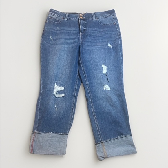 Ricki’s Blue Distressed Cropped Large Cuff Jeans sz 12 Like New - Picture 1 of 10